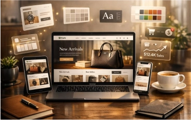 Responsive website interface mockup displaying user dashboard statistics